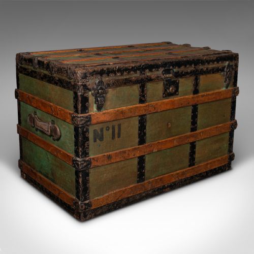 fig 1. Large Antique Steamer Trunk, Scottish, Canvas, Shipping Chest, Victorian, C.1890