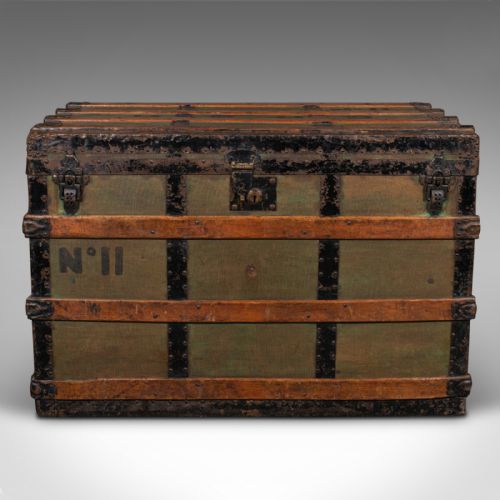 fig 3. Large Antique Steamer Trunk, Scottish, Canvas, Shipping Chest, Victorian, C.1890