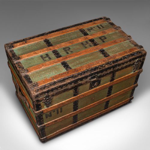 fig 6. Large Antique Steamer Trunk, Scottish, Canvas, Shipping Chest, Victorian, C.1890