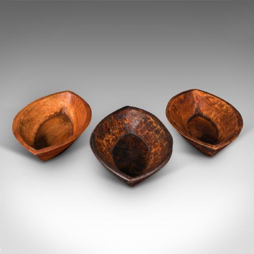 fig 1. Trio of Antique Peasant Bowls, Indian, Hand Carved, Oval Dish, Victorian, C.1900