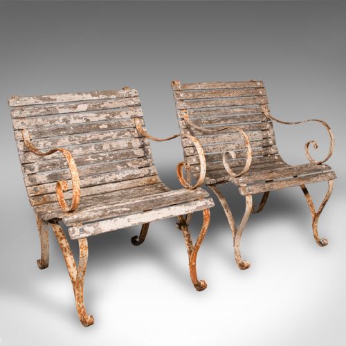 Pair of Antique Patio Chairs, English, Teak, Iron, Garden, Veranda, Victorian