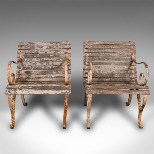 fig 1. Pair Of Antique Patio Chairs, English, Teak, Iron, Garden, Veranda, Victorian