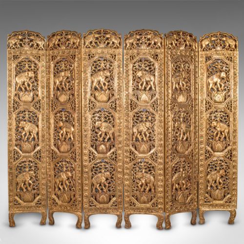 fig 1. Antique Ornate Privacy Screen, Indian, Gilt, Six Panel Room Divider, Victorian
