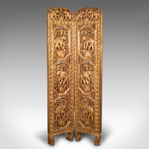 fig 2. Antique Ornate Privacy Screen, Indian, Gilt, Six Panel Room Divider, Victorian