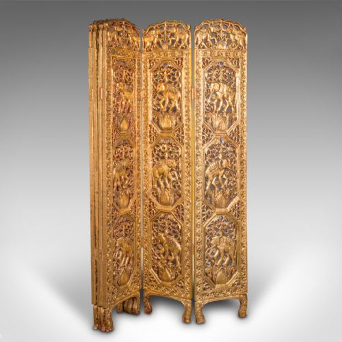 fig 3. Antique Ornate Privacy Screen, Indian, Gilt, Six Panel Room Divider, Victorian