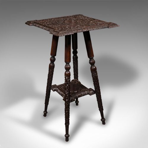 Small Antique Lamp Table, Indian, Carved Teak, Decorative, Occasional, Victorian