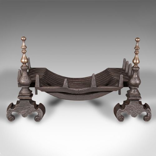 fig 1. Antique Fire Grate, English, Cast Iron, Brass, Andirons, Fireplace, Victorian