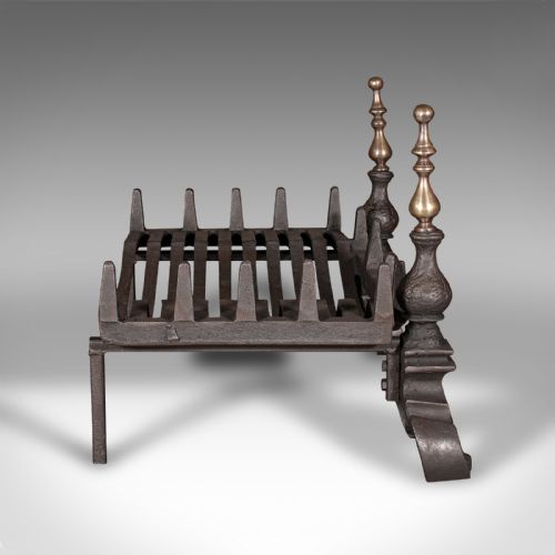 fig 2. Antique Fire Grate, English, Cast Iron, Brass, Andirons, Fireplace, Victorian