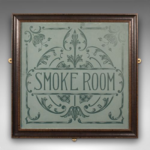 fig 1. Antique Ship's Smoke Room Sign, English, Leather Frame, Decorative, Victorian