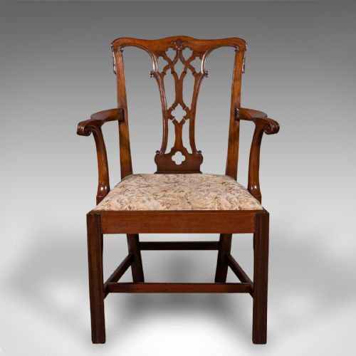 fig 1. Antique Elbow Chair, English Walnut, After Chippendale, Georgian Revival, C.1860