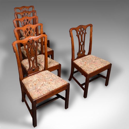 fig 3. 6 Antique Dining Room Chairs, English, Walnut, After Chippendale, Georgian, 1800