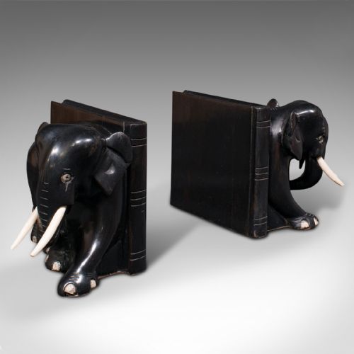 Pair of Small Antique Elephant Bookends, Indian, Ebony, Novel Rest, Victorian