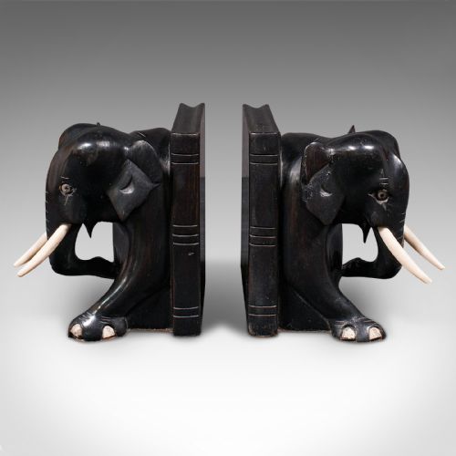 fig 1. Pair Of Small Antique Elephant Bookends, Indian, Ebony, Novel Rest, Victorian