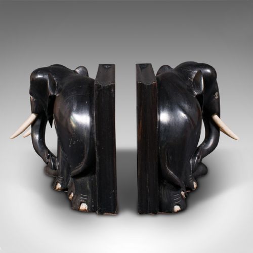 fig 3. Pair Of Small Antique Elephant Bookends, Indian, Ebony, Novel Rest, Victorian