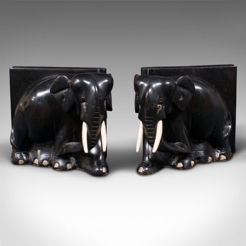 fig 4. Pair Of Small Antique Elephant Bookends, Indian, Ebony, Novel Rest, Victorian