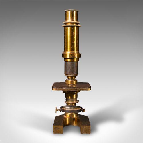 fig 1. Antique Monocular Microscope, English Brass, Scientific Instrument, Victorian