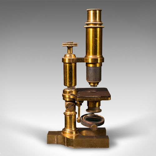 fig 3. Antique Monocular Microscope, English Brass, Scientific Instrument, Victorian