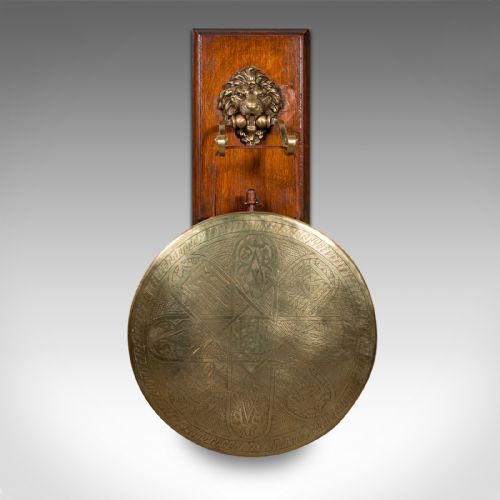 fig 1. Antique Hanging Dinner Gong, English, Brass, Oak, Decorative, Victorian, C.1880