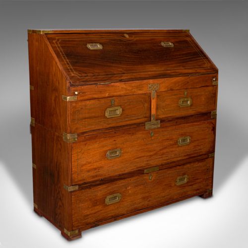 fig 1. Antique Campaign Bureau, Anglo Indian, Teak, Colonial Writing Desk, Victorian