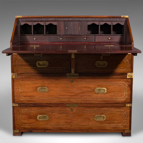 fig 2. Antique Campaign Bureau, Anglo Indian, Teak, Colonial Writing Desk, Victorian