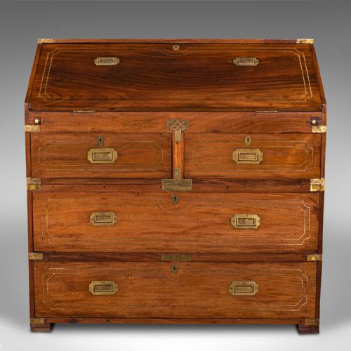 fig 3. Antique Campaign Bureau, Anglo Indian, Teak, Colonial Writing Desk, Victorian