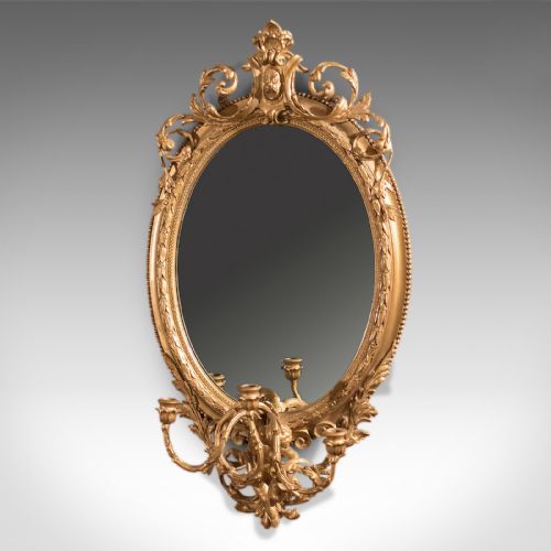 fig 1. Antique Girandole Gilt Gesso Mirror, Wall, Vanity, Rococco, Late Georgian c.1800