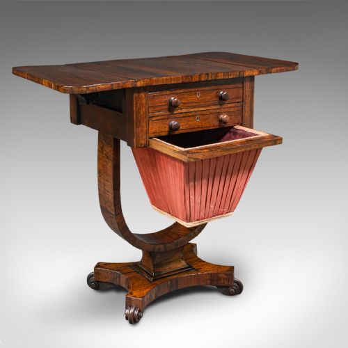 fig 1. Antique Drop Leaf Ladies Work Table, English, Sewing, Side, William IV, C.1835