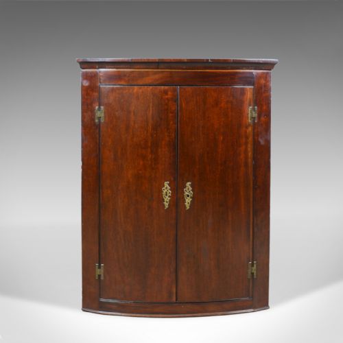 Antique Corner Cabinet, Late Georgian, Bow Fronted, Mahogany, Hanging, C.1800