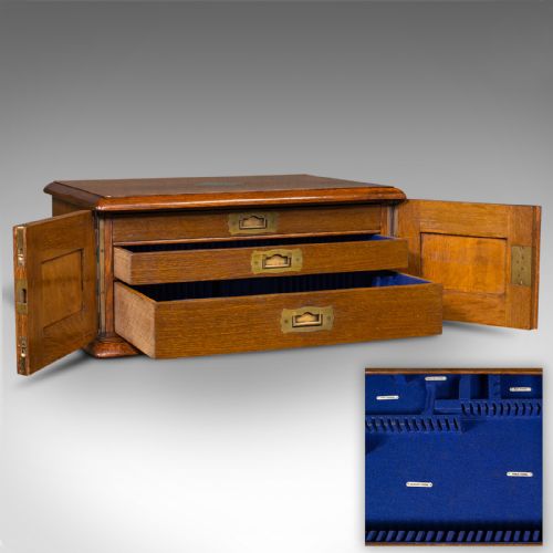fig 3. Antique Canteen, English, Oak, Campaign Cutlery, Specimen Drawers, Edwardian
