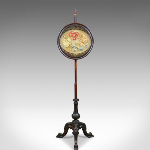 Antique Pole Screen, English, Regency, Fire Screen, Rosewood, Crewelwork C.1820