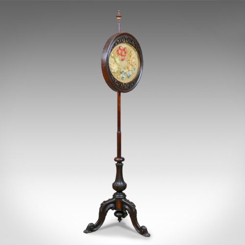 fig 1. Antique Pole Screen, English, Regency, Fire Screen, Rosewood, Crewelwork c.1820