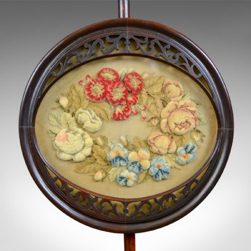 fig 2. Antique Pole Screen, English, Regency, Fire Screen, Rosewood, Crewelwork c.1820