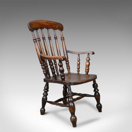 Antique, Elbow Chair, English, Victorian, Stick Back Windsor, Elm, Circa 1880