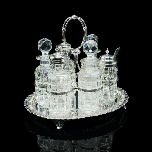 Antique Table Condiment Set, English, Silver Plate, Glass, Cruet, Victorian