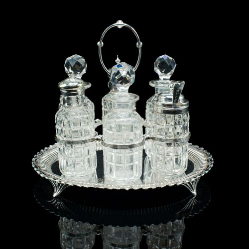 fig 1. Antique Table Condiment Set, English, Silver Plate, Glass, Cruet, Victorian