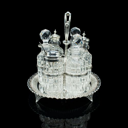 fig 2. Antique Table Condiment Set, English, Silver Plate, Glass, Cruet, Victorian