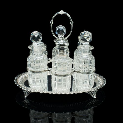 fig 3. Antique Table Condiment Set, English, Silver Plate, Glass, Cruet, Victorian