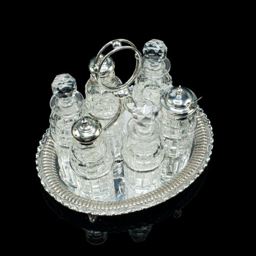 fig 4. Antique Table Condiment Set, English, Silver Plate, Glass, Cruet, Victorian