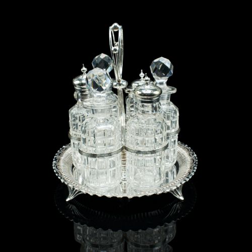 fig 5. Antique Table Condiment Set, English, Silver Plate, Glass, Cruet, Victorian