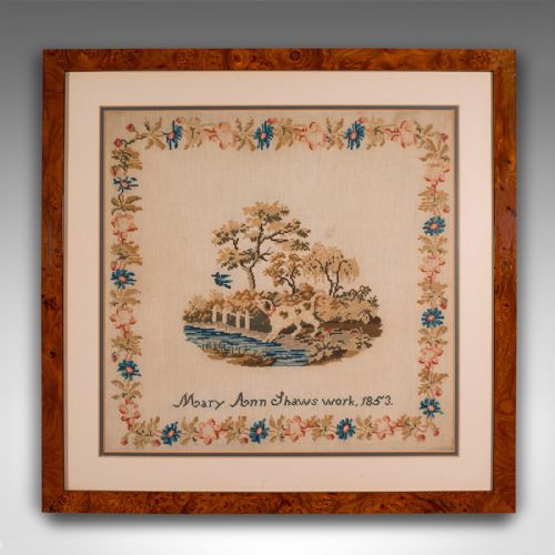 fig 1. Antique Framed Sampler, English, Needlepoint Tapestry Panel, Victorian, C.1850