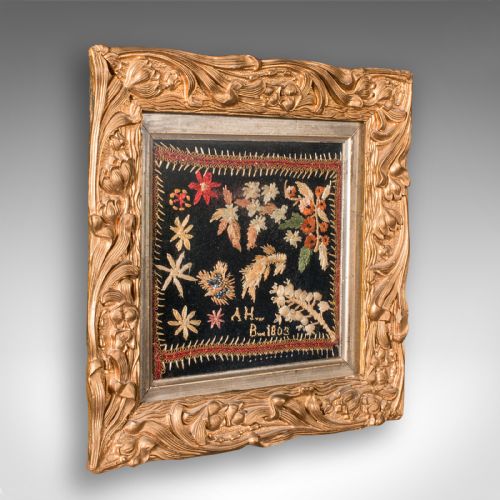 Small Antique Framed Embroidered Sampler, English, Needlepoint, Georgian, C.1800