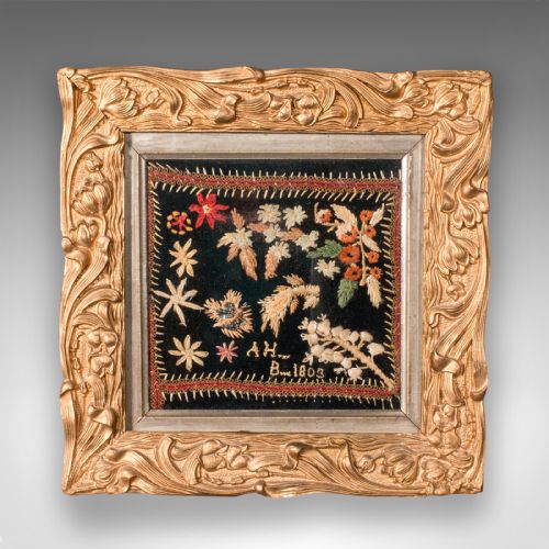 fig 1. Small Antique Framed Embroidered Sampler, English, Needlepoint, Georgian, C.1800