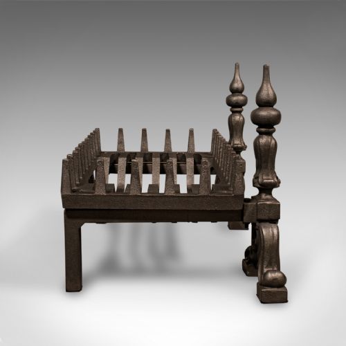 fig 2. Antique Fireplace Set, English, Cast Iron, Fire Basket, Andirons, Late Victorian