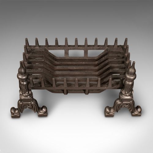 fig 4. Antique Fireplace Set, English, Cast Iron, Fire Basket, Andirons, Late Victorian