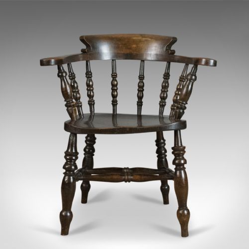 ANTIQUE ARMCHAIR ENGLISH VICTORIAN ELM BOW BACK SMOKERS CAPTAINS CHAIR C1900 - ADDITIONAL PHOTO 2