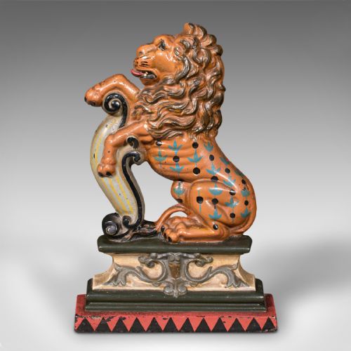 fig 2. Antique Decorative Lion Rampant Doorstop, English, Painted, Door Keep, Victorian
