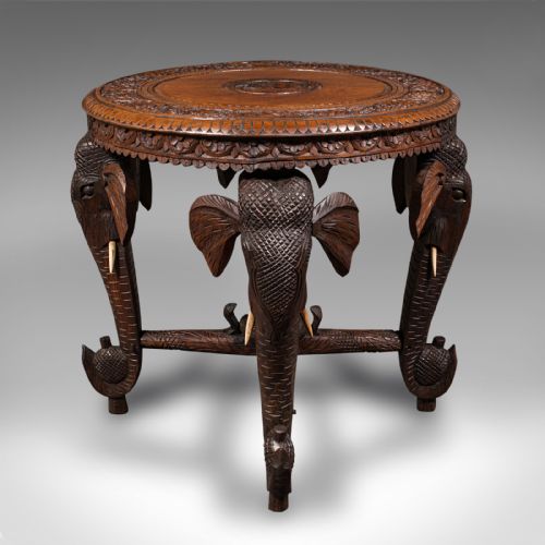 fig 1. Antique Occasional Table, Indian Teak, Carved, Coffee, Elephants, Late Victorian