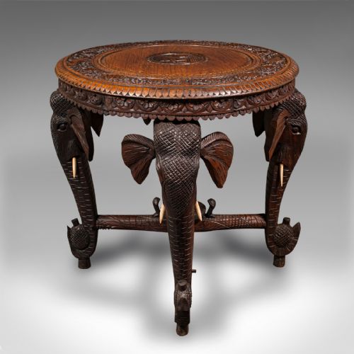fig 2. Antique Occasional Table, Indian Teak, Carved, Coffee, Elephants, Late Victorian