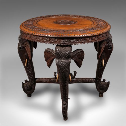 fig 3. Antique Occasional Table, Indian Teak, Carved, Coffee, Elephants, Late Victorian