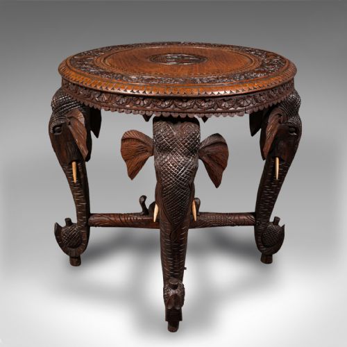 fig 4. Antique Occasional Table, Indian Teak, Carved, Coffee, Elephants, Late Victorian